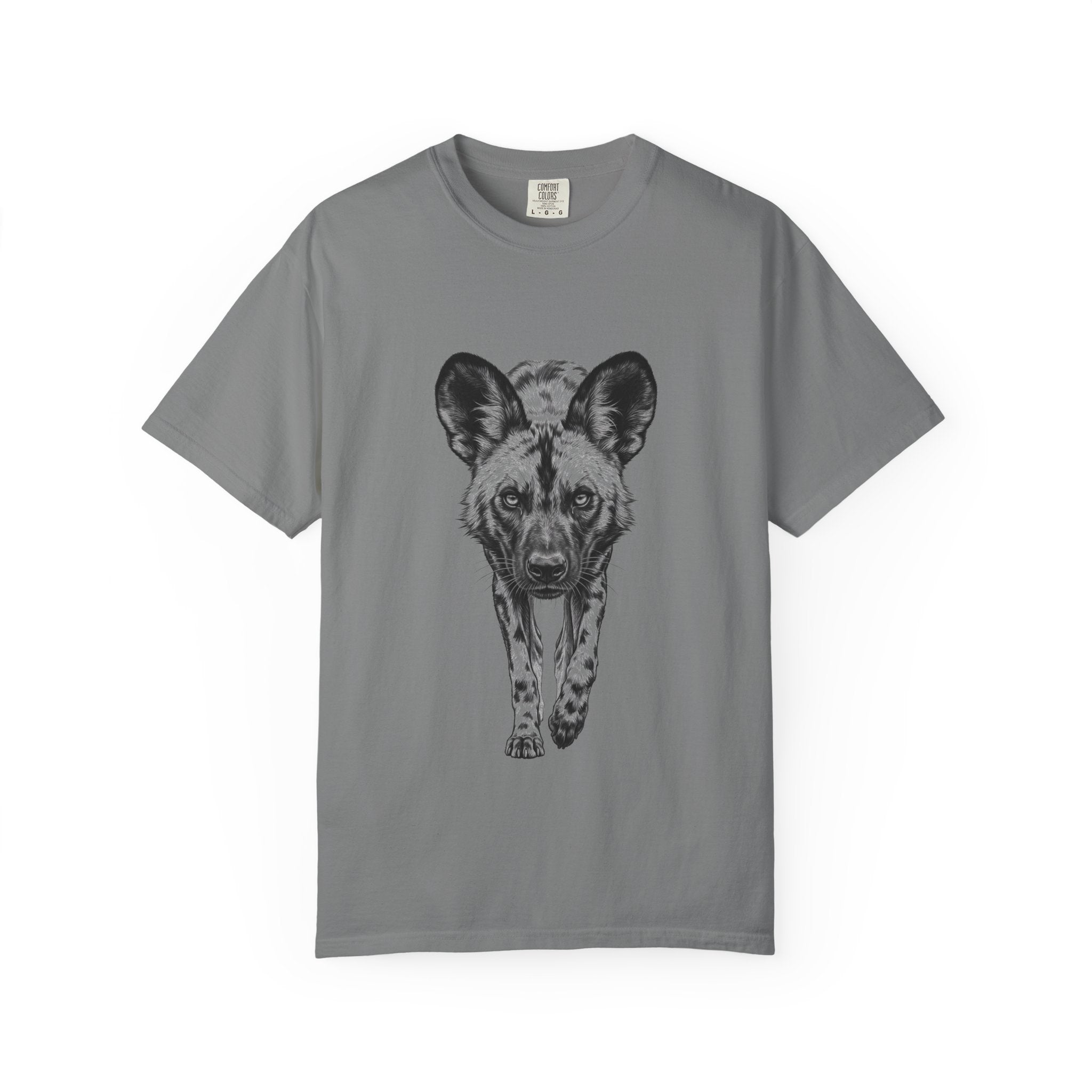 African Wild Dog Graphic T-Shirt — Realistic Walking Pawprint Design