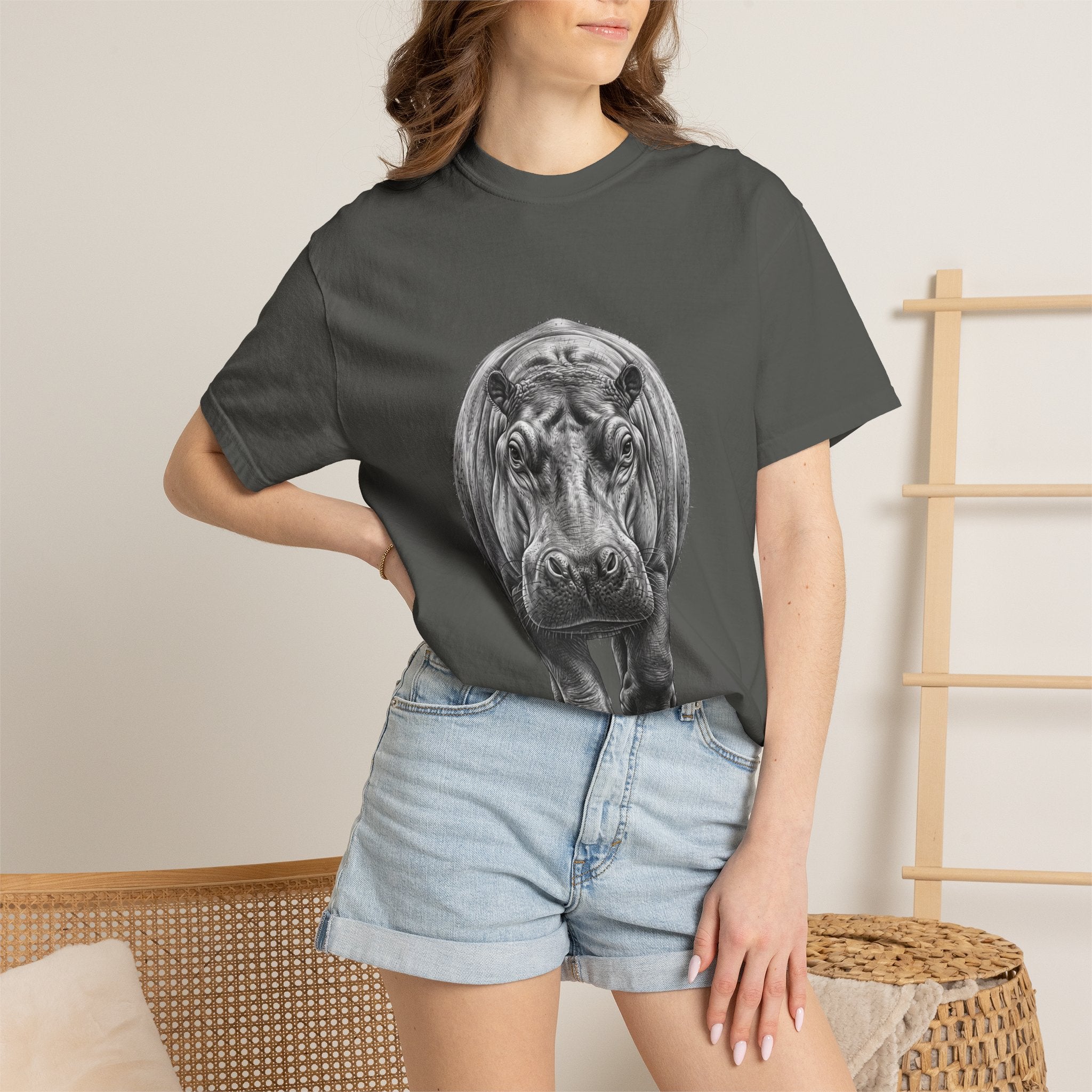 Hippo Front-Print T-Shirt — Realistic Hippo Graphic Tee