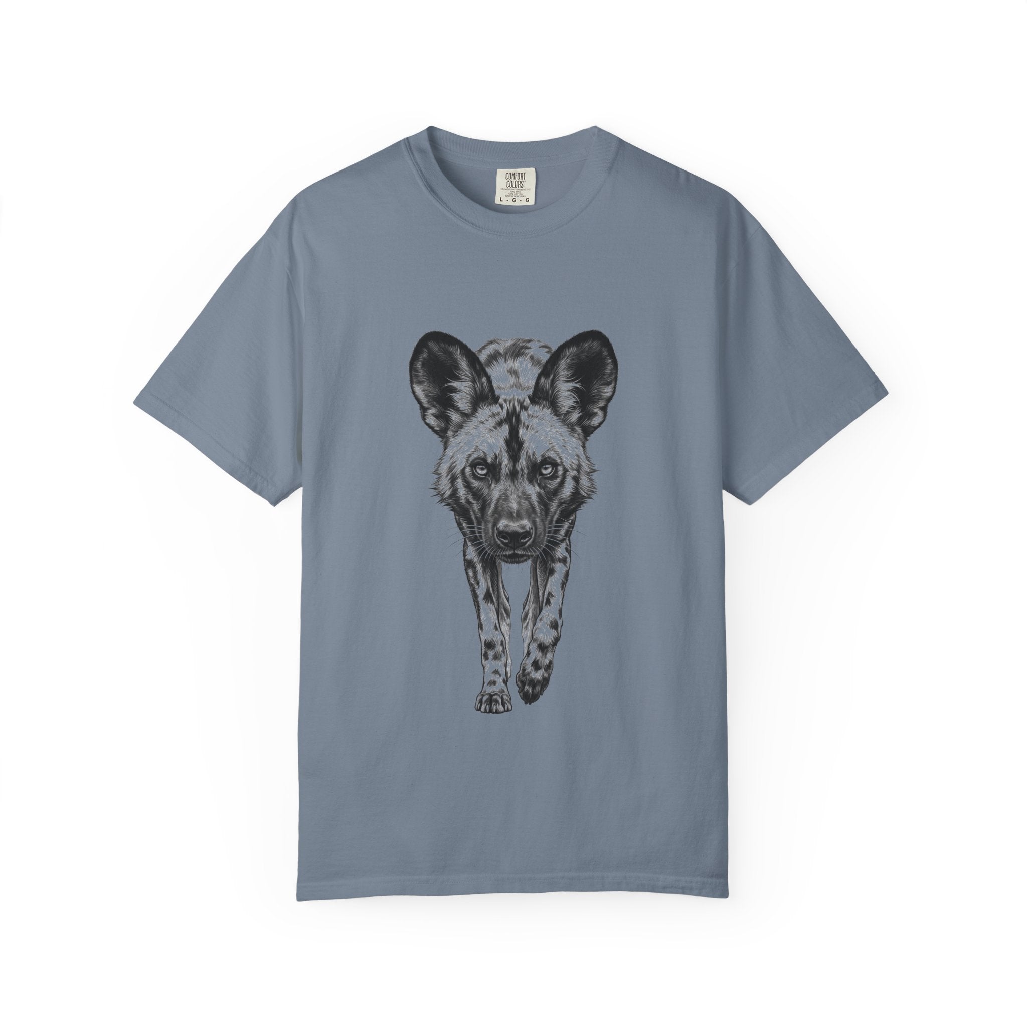 African Wild Dog Graphic T-Shirt — Realistic Walking Pawprint Design