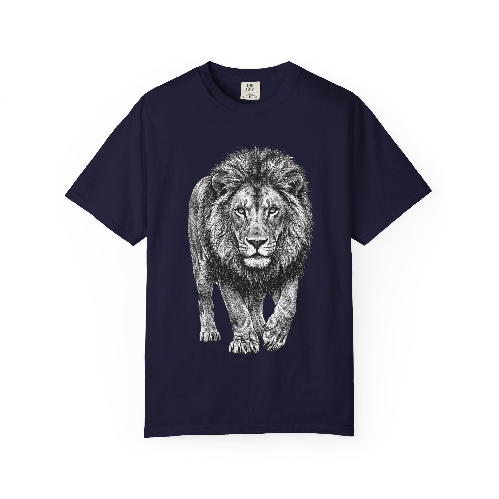 Lion Graphic T-Shirt — Majestic Walking Lion Illustration, Wildlife Tee