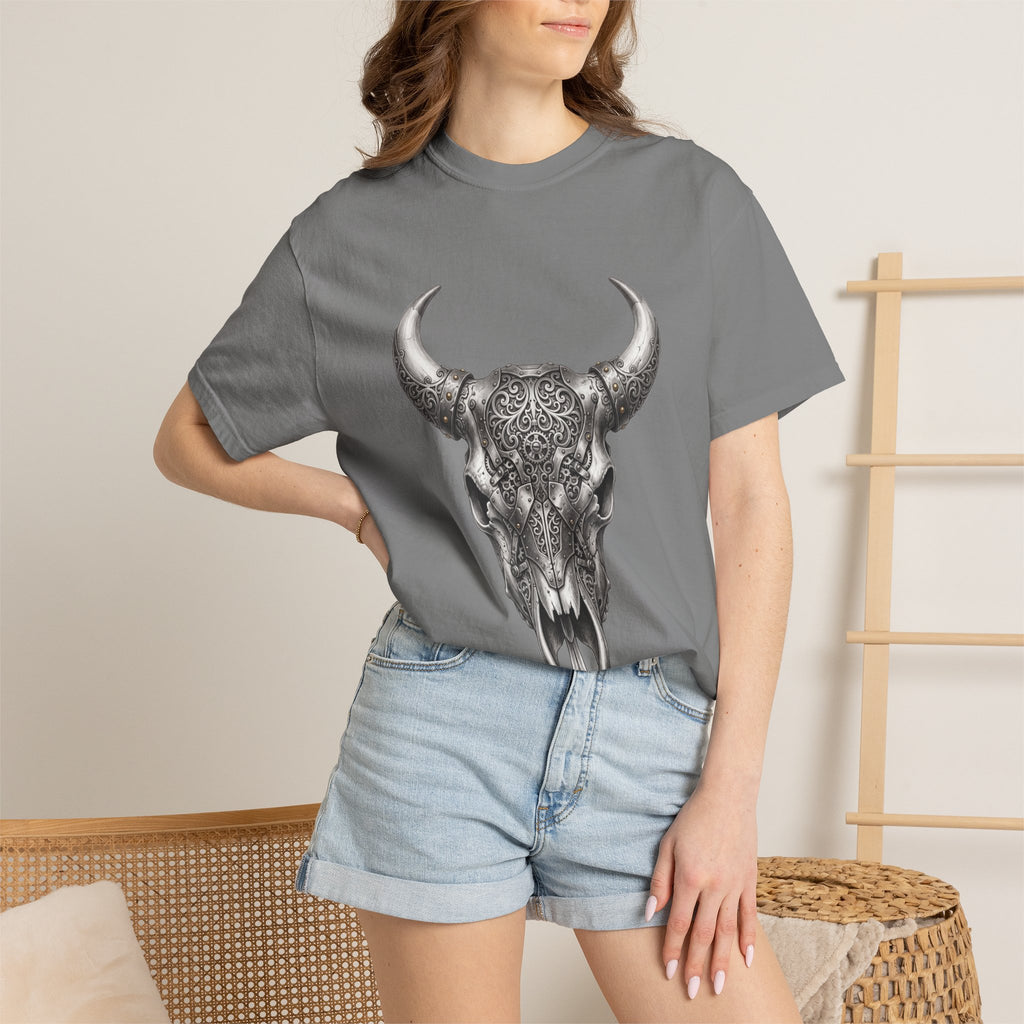 Skull Bull Graphic T-Shirt — Ornate Western Cow Skull Design