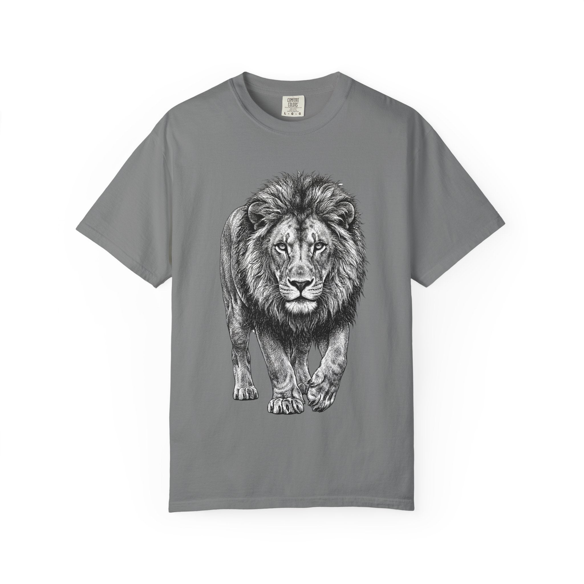 Lion Graphic T-Shirt — Majestic Walking Lion Illustration, Wildlife Tee