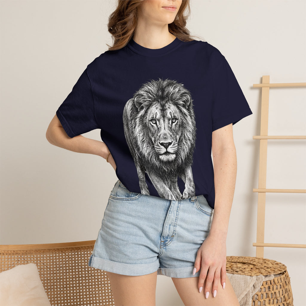 Lion Graphic T-Shirt — Majestic Walking Lion Illustration, Wildlife Tee