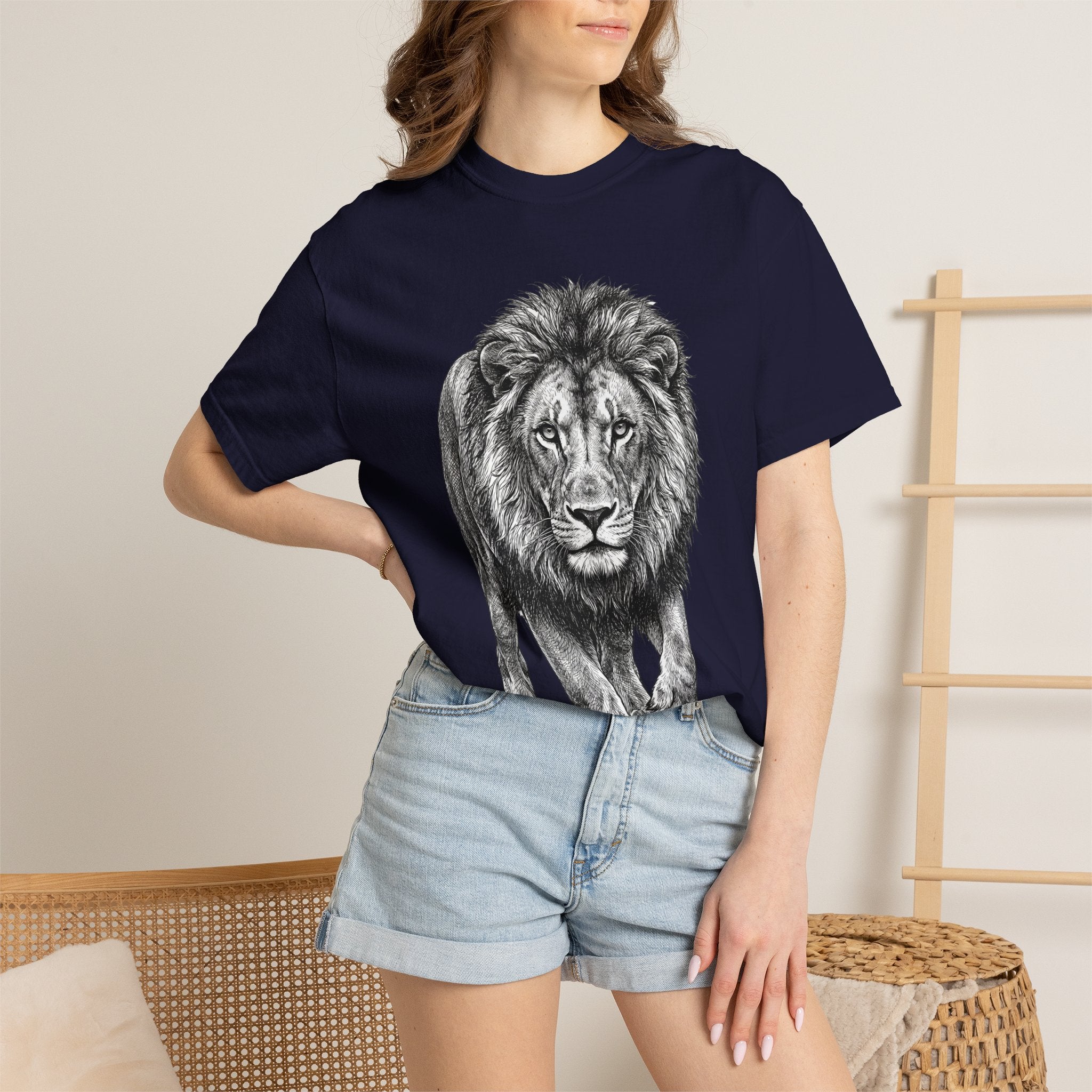 Lion Graphic T-Shirt — Majestic Walking Lion Illustration, Wildlife Tee
