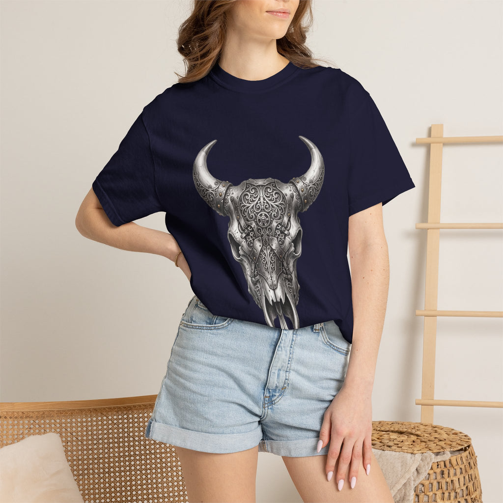Skull Bull Graphic T-Shirt — Ornate Western Cow Skull Design