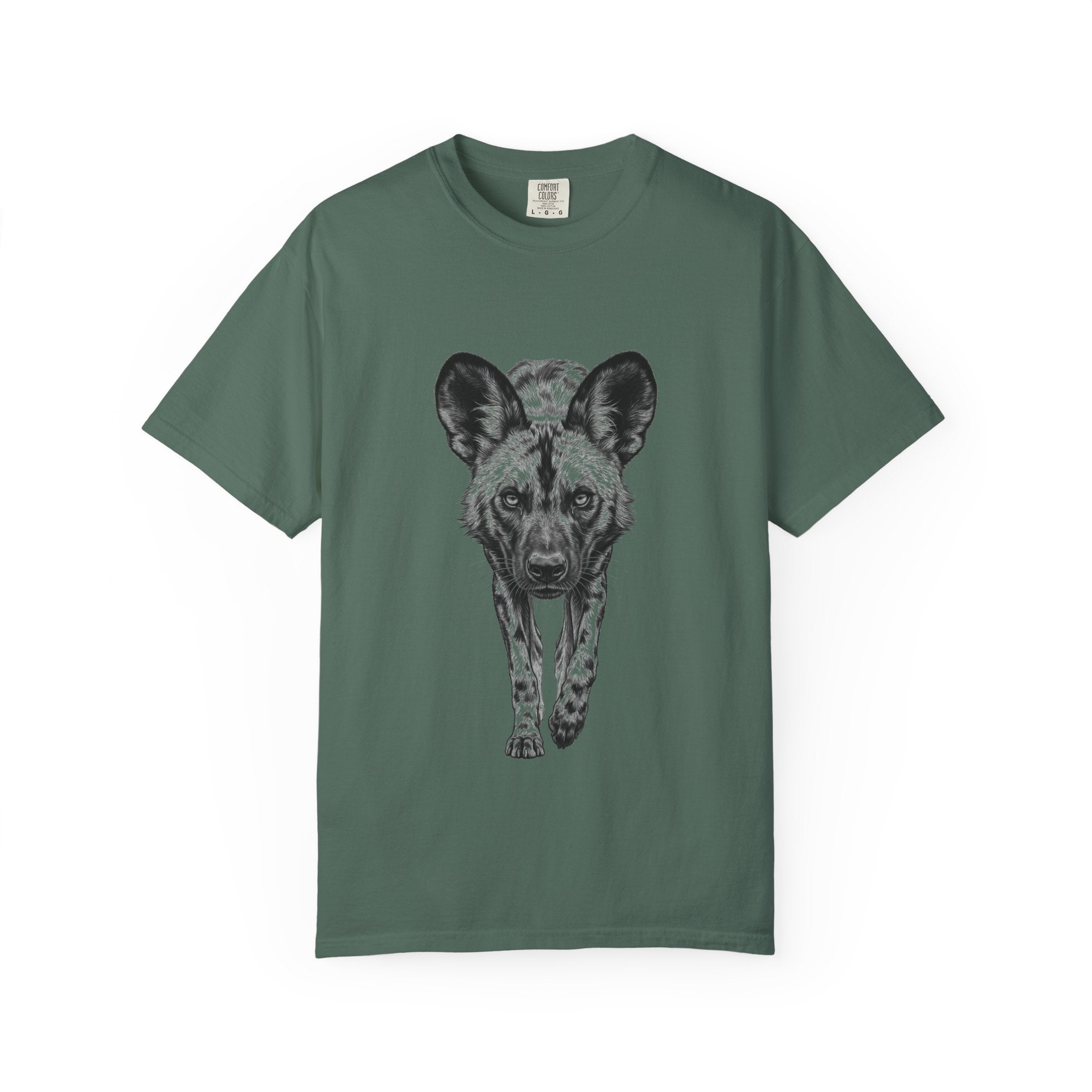 African Wild Dog Graphic T-Shirt — Realistic Walking Pawprint Design