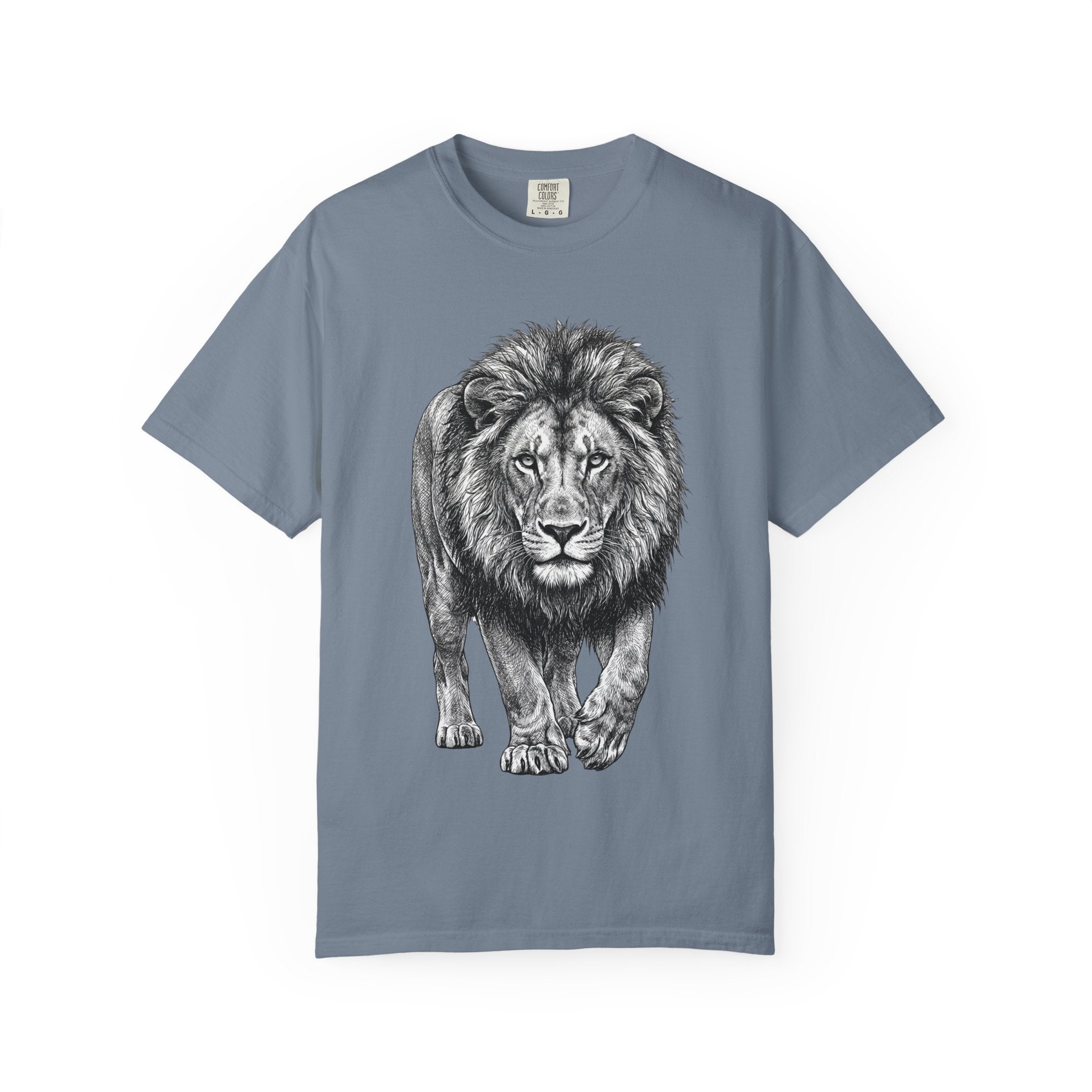 Lion Graphic T-Shirt — Majestic Walking Lion Illustration, Wildlife Tee