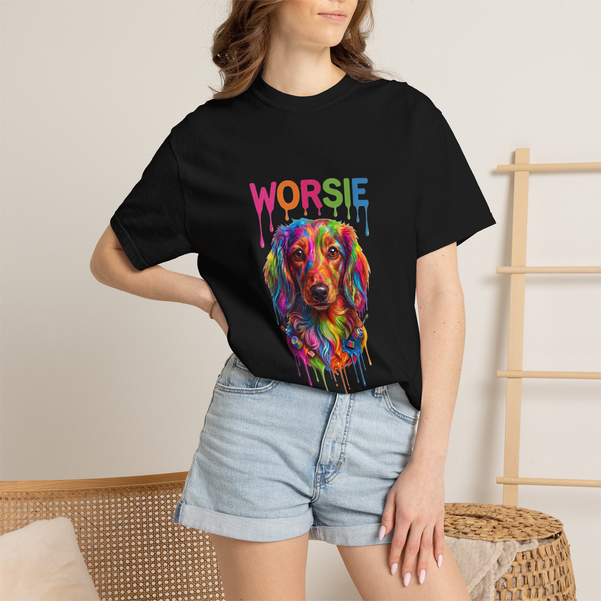 Worsie Colorful Dachshund T-Shirt – Vibrant Drip Art Dog Tee
