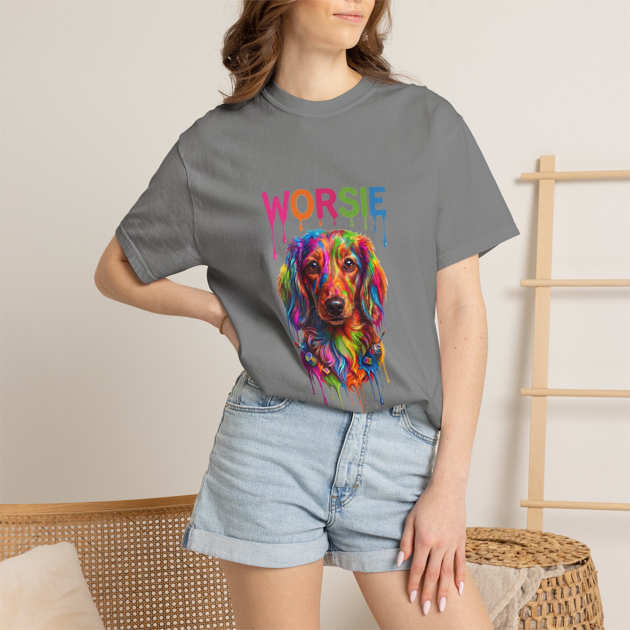 Worsie Colorful Dachshund T-Shirt – Vibrant Drip Art Dog Tee