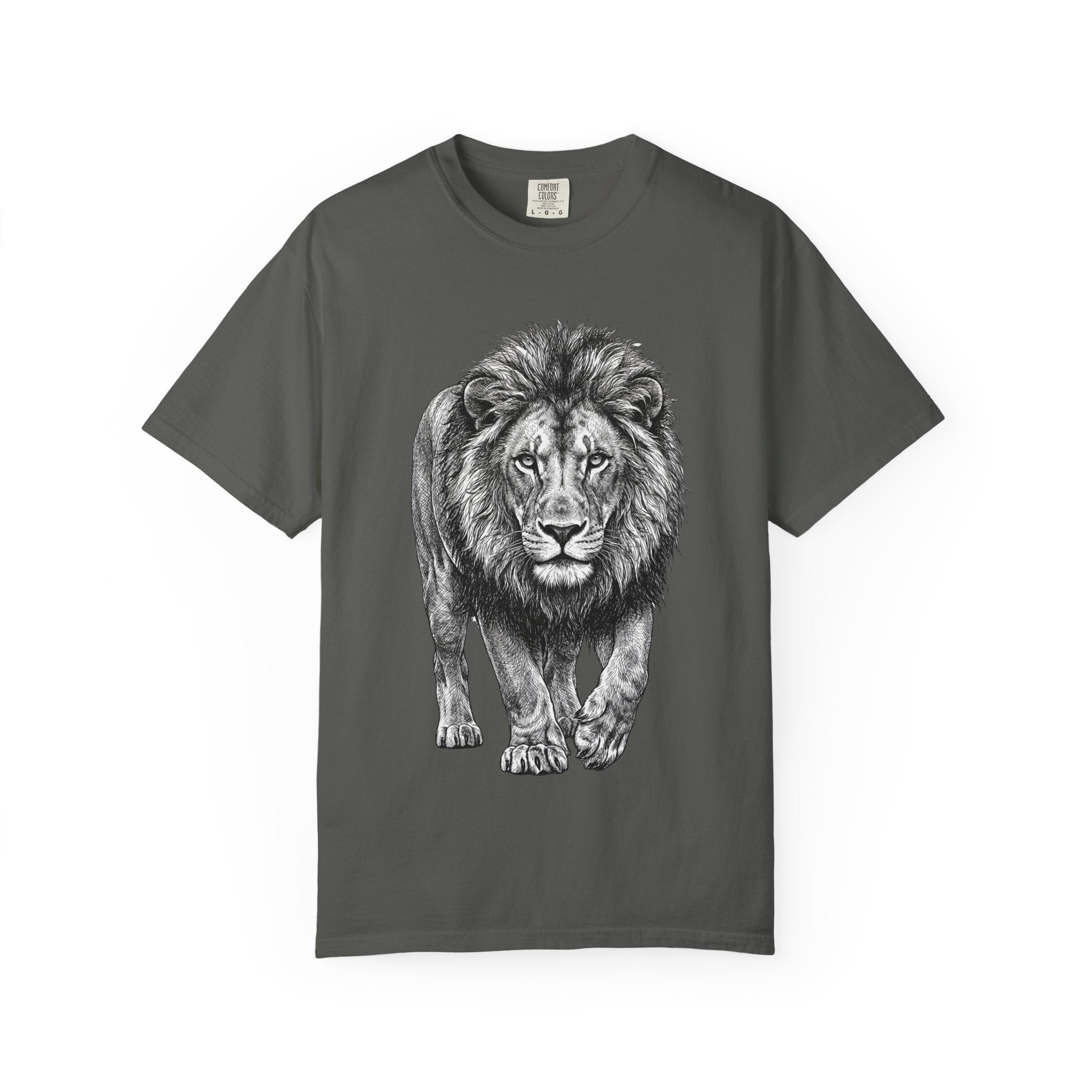 Lion Graphic T-Shirt — Majestic Walking Lion Illustration, Wildlife Tee