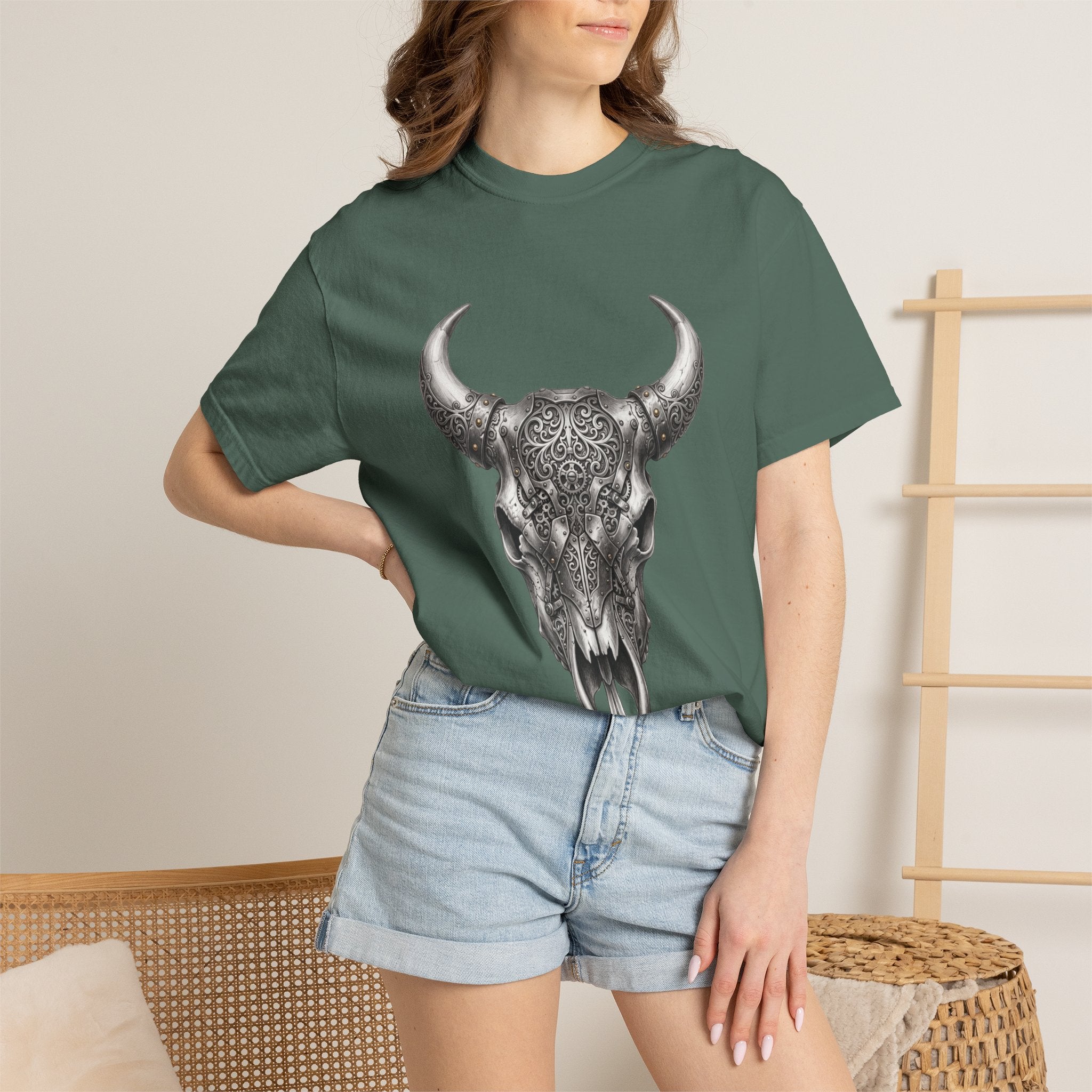 Skull Bull Graphic T-Shirt — Ornate Western Cow Skull Design