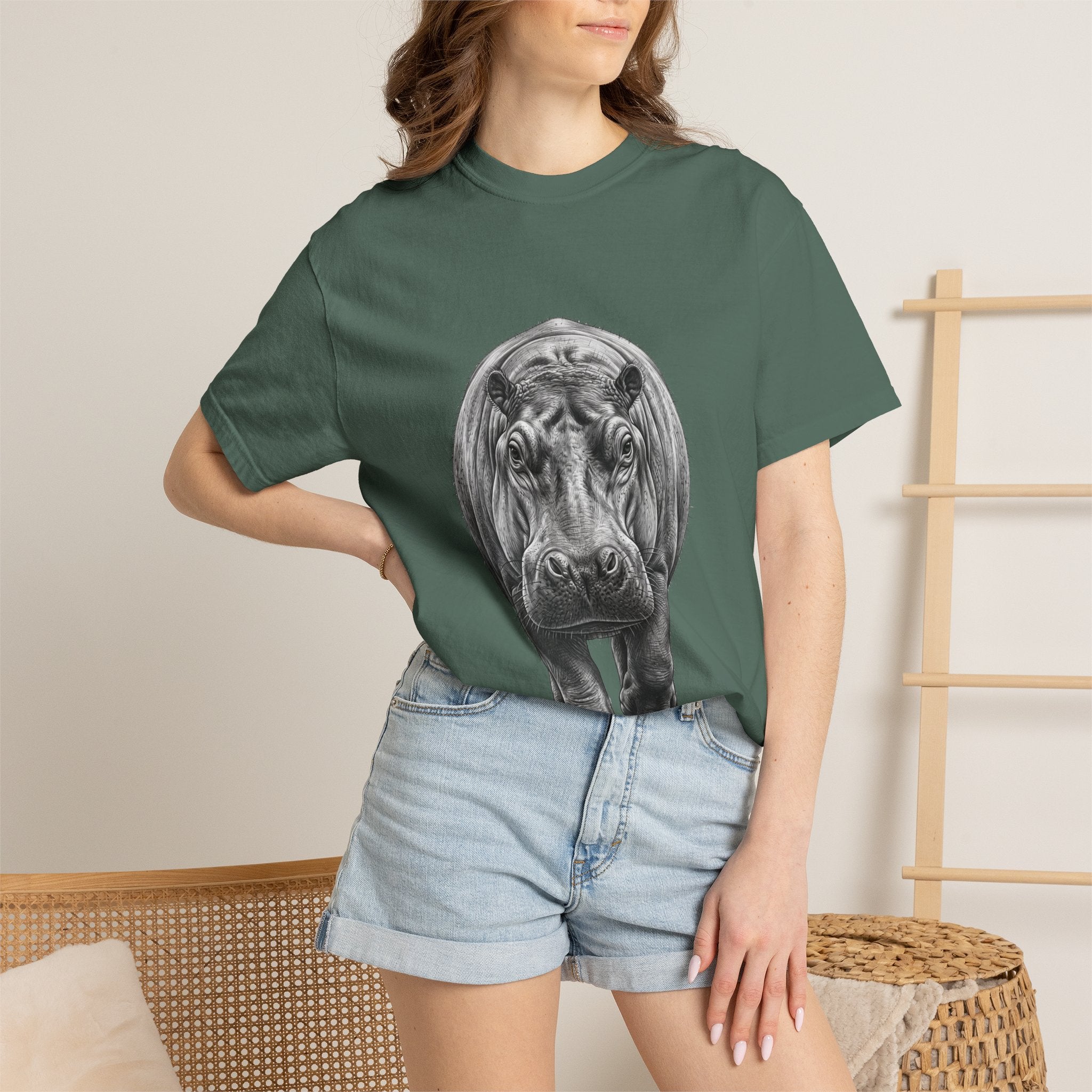 Hippo Front-Print T-Shirt — Realistic Hippo Graphic Tee