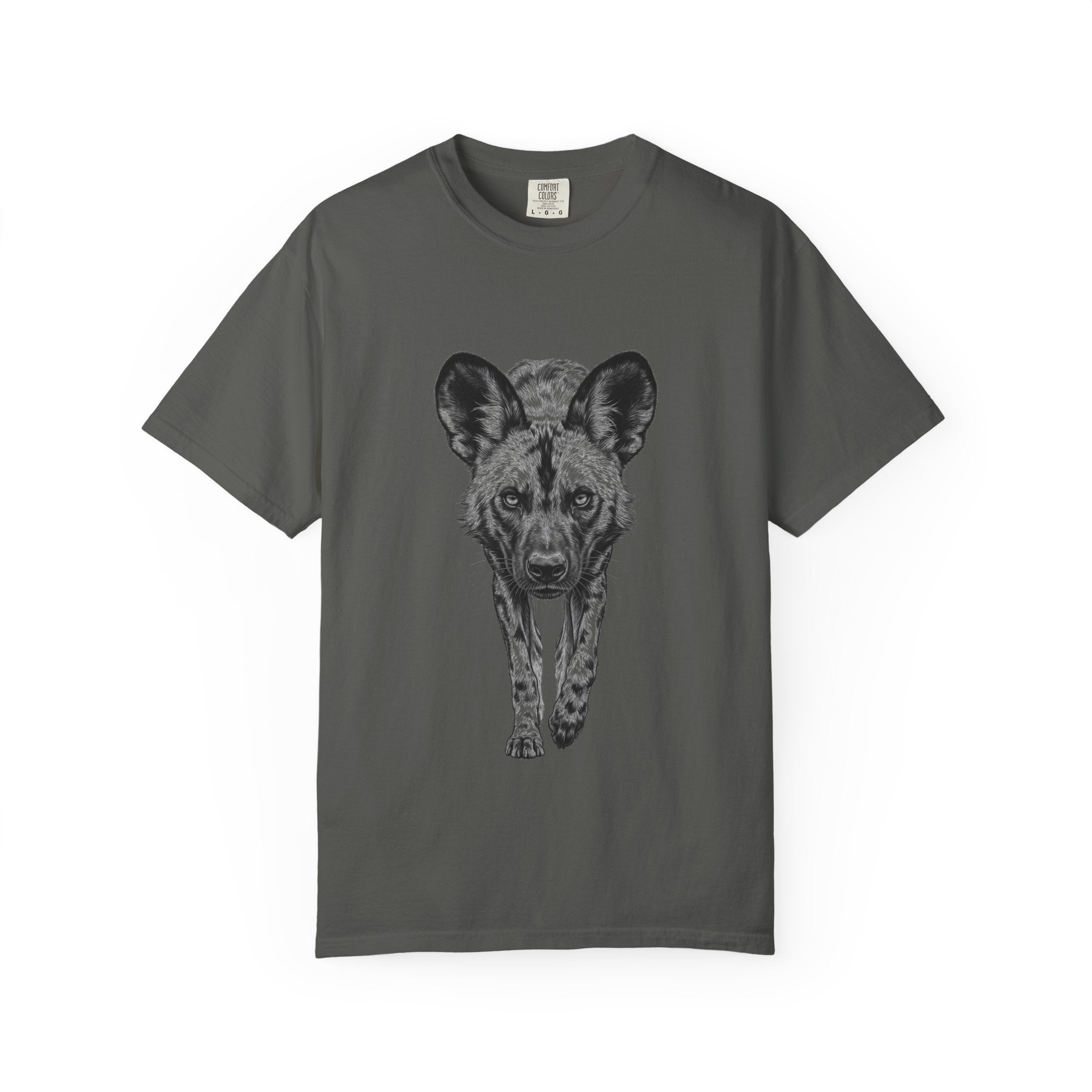 African Wild Dog Graphic T-Shirt — Realistic Walking Pawprint Design