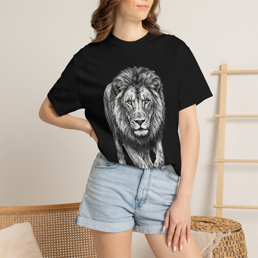 Lion Graphic T-Shirt — Majestic Walking Lion Illustration, Wildlife Tee