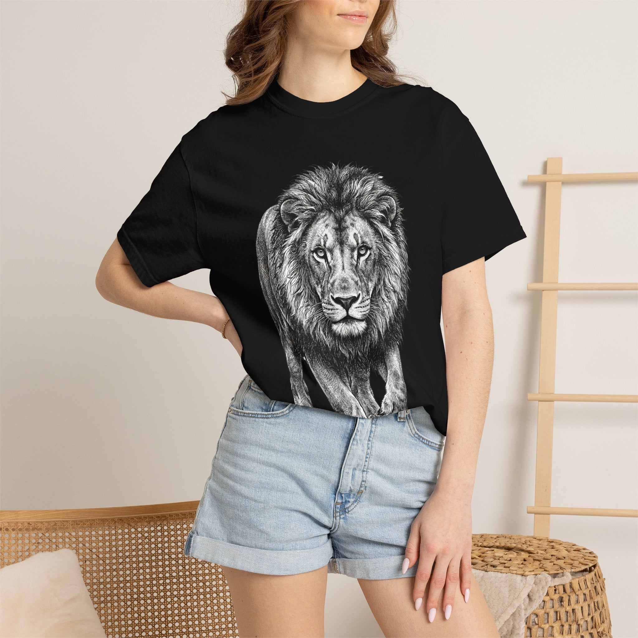 Lion Graphic T-Shirt — Majestic Walking Lion Illustration, Wildlife Tee
