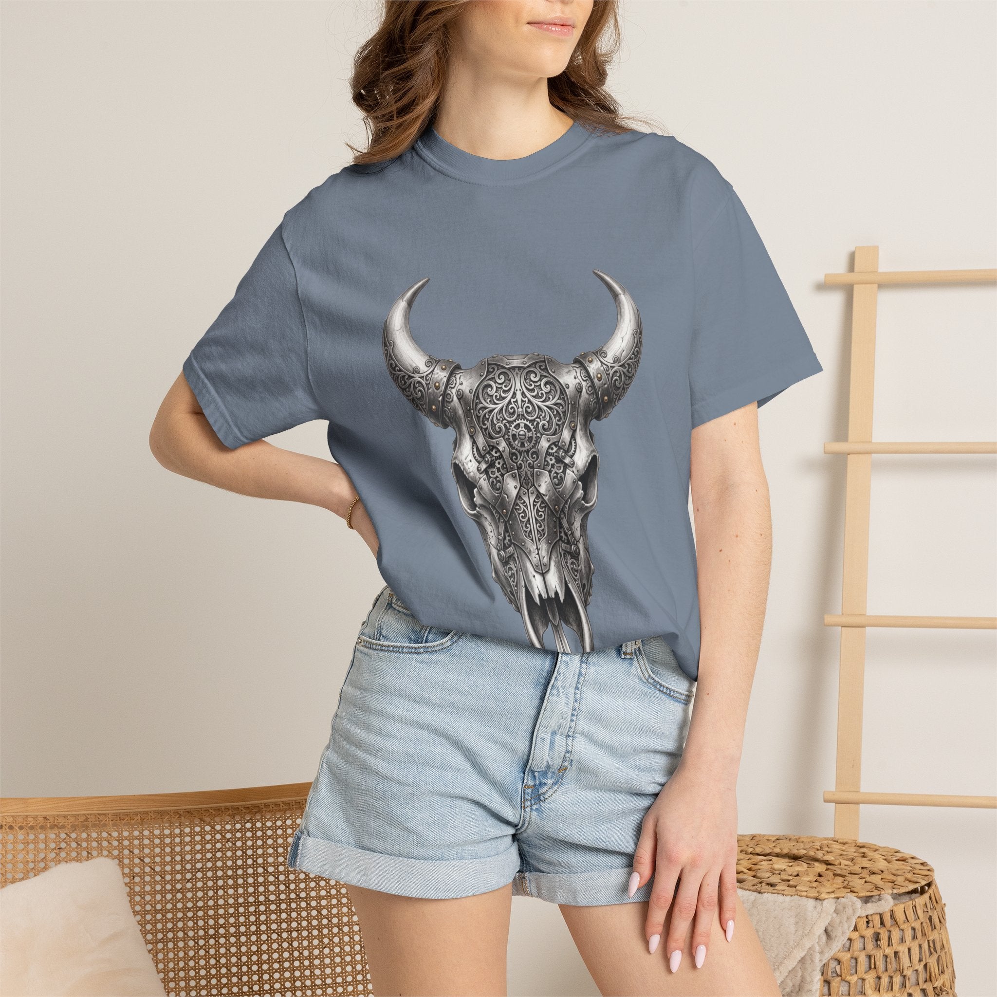 Skull Bull Graphic T-Shirt — Ornate Western Cow Skull Design