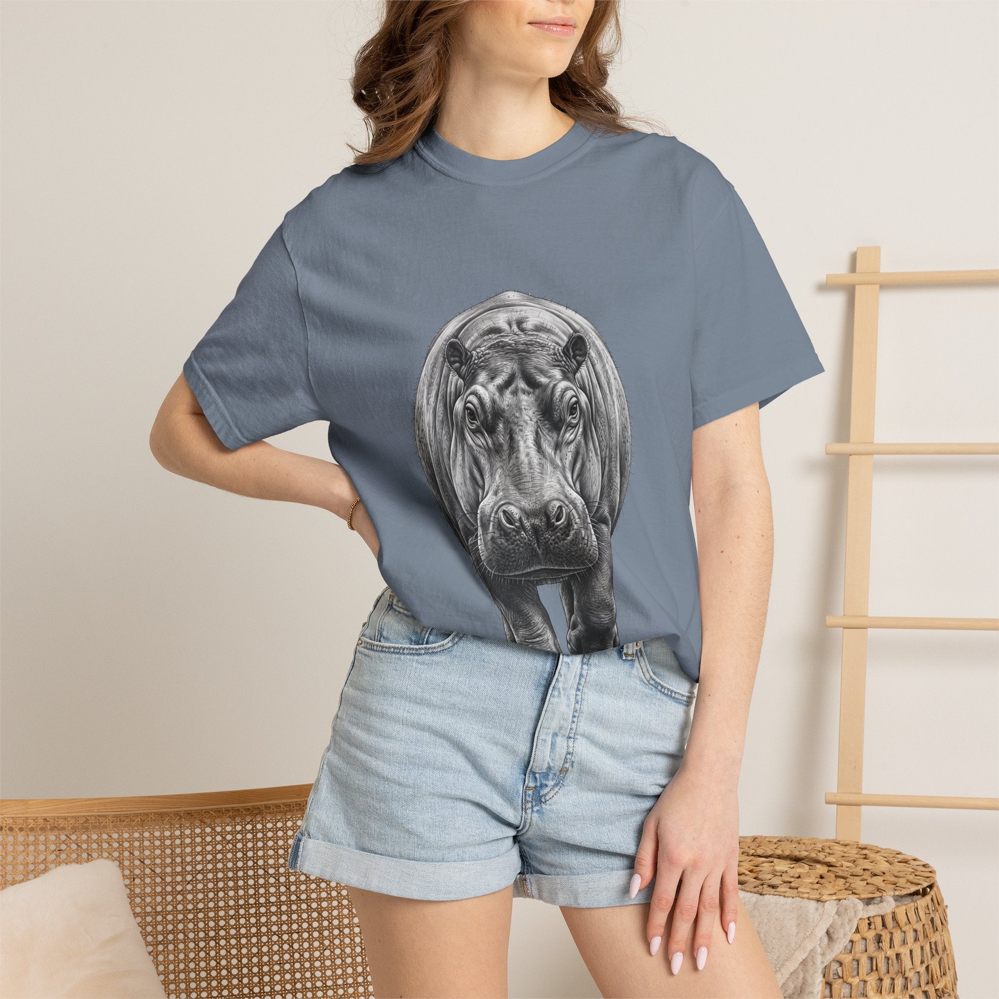 Hippo Front-Print T-Shirt — Realistic Hippo Graphic Tee