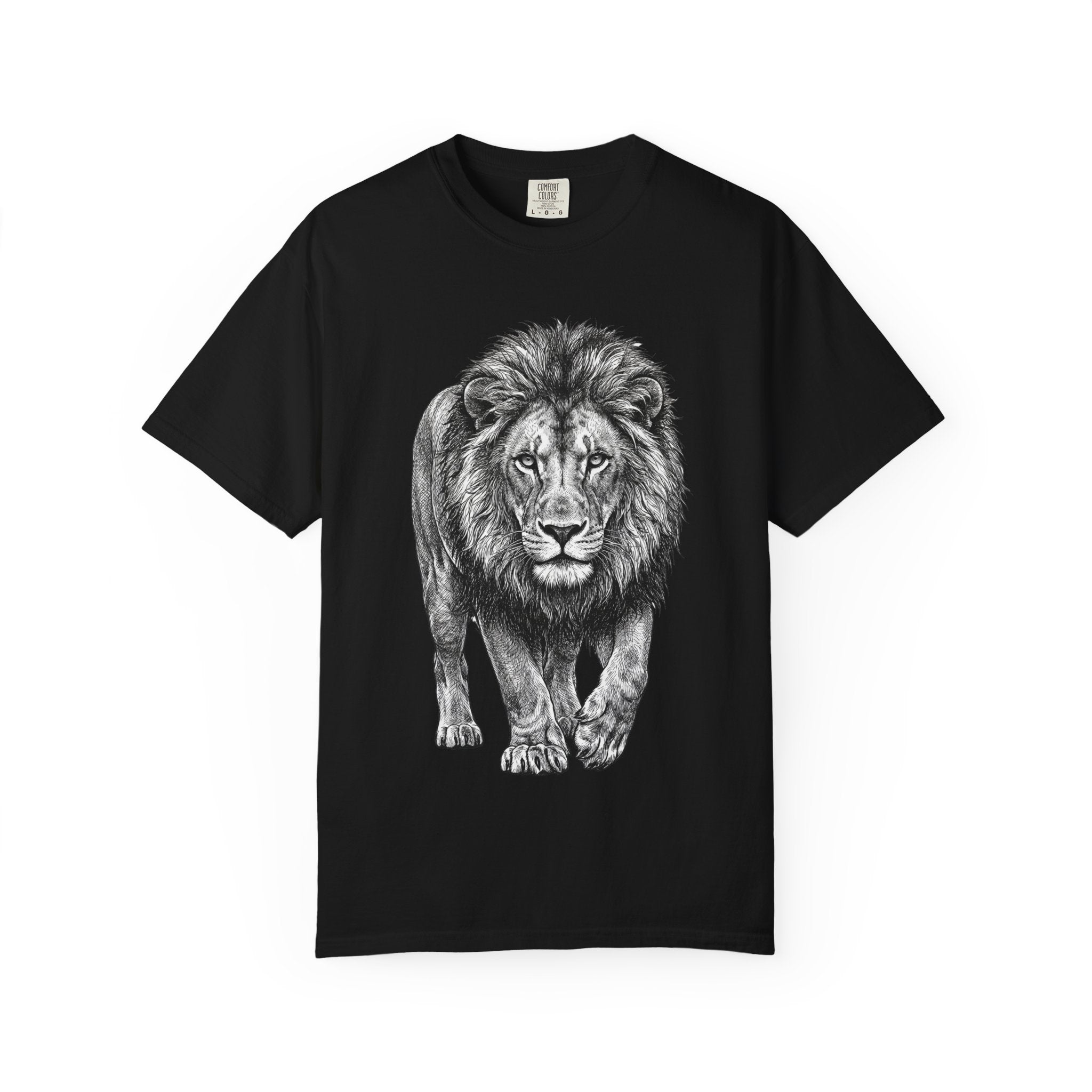 Lion Graphic T-Shirt — Majestic Walking Lion Illustration, Wildlife Tee