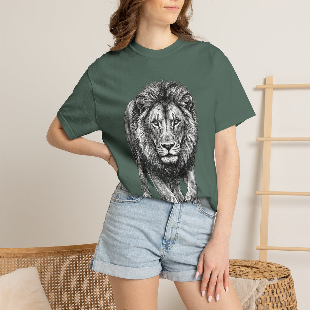 Lion Graphic T-Shirt — Majestic Walking Lion Illustration, Wildlife Tee